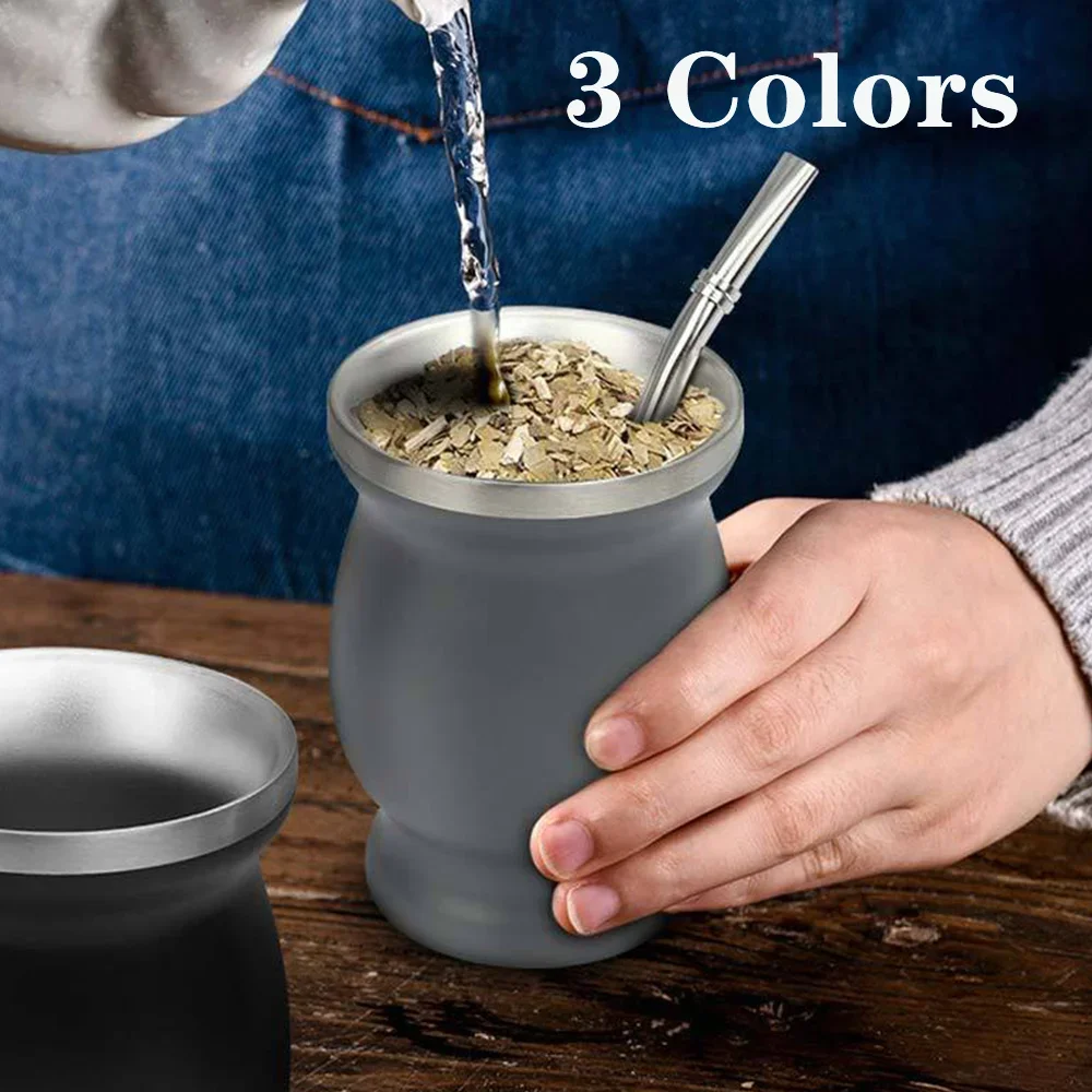 230ML Bombilla Set Yerba Mate Gourd Double Stainless Steel Tea Cup with One Spoon and Brush Heat Insulation Anti Scalding