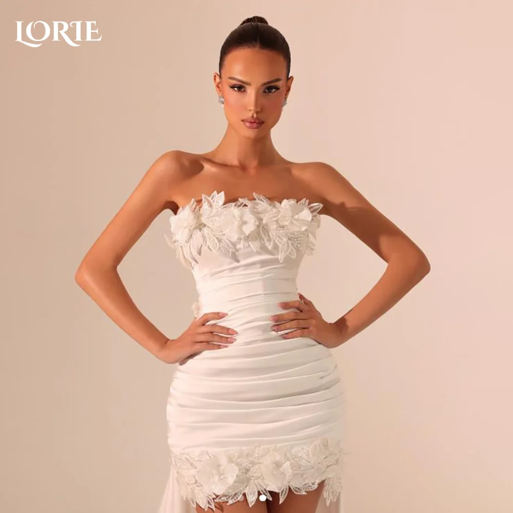 

LORIE 3D Flower Hi-Lo Wedding Dresses Pleat Strapless Boho Party Gowns Backless Mermaid Bridal Gown vestidos de noviaCustomized