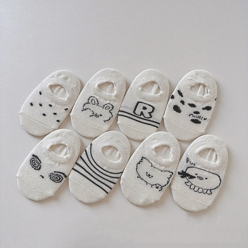 

Cute Cartoon Baby Boat Socks Summer Mesh Socks 0-4Year Boys Girls Thin Breathable Cotton Sock Black White Stripe Kids Short Sock