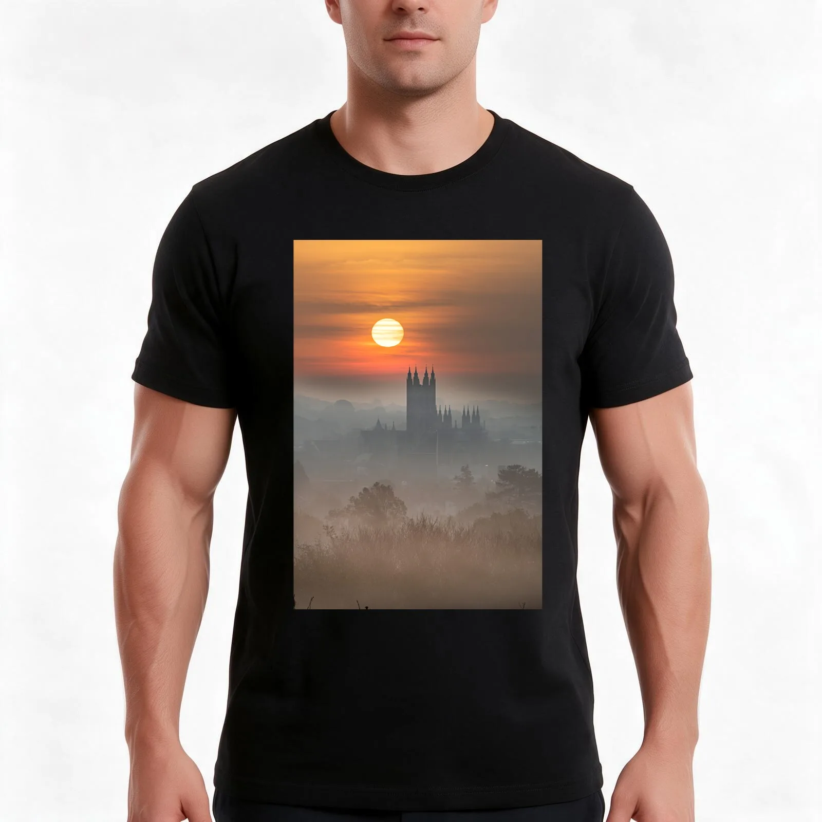 Canterbury Cathedral Misty Sunrise T-Shirt, Novelty Saying Tshirt, Soft Cotton Crew Neck Everyday Top
