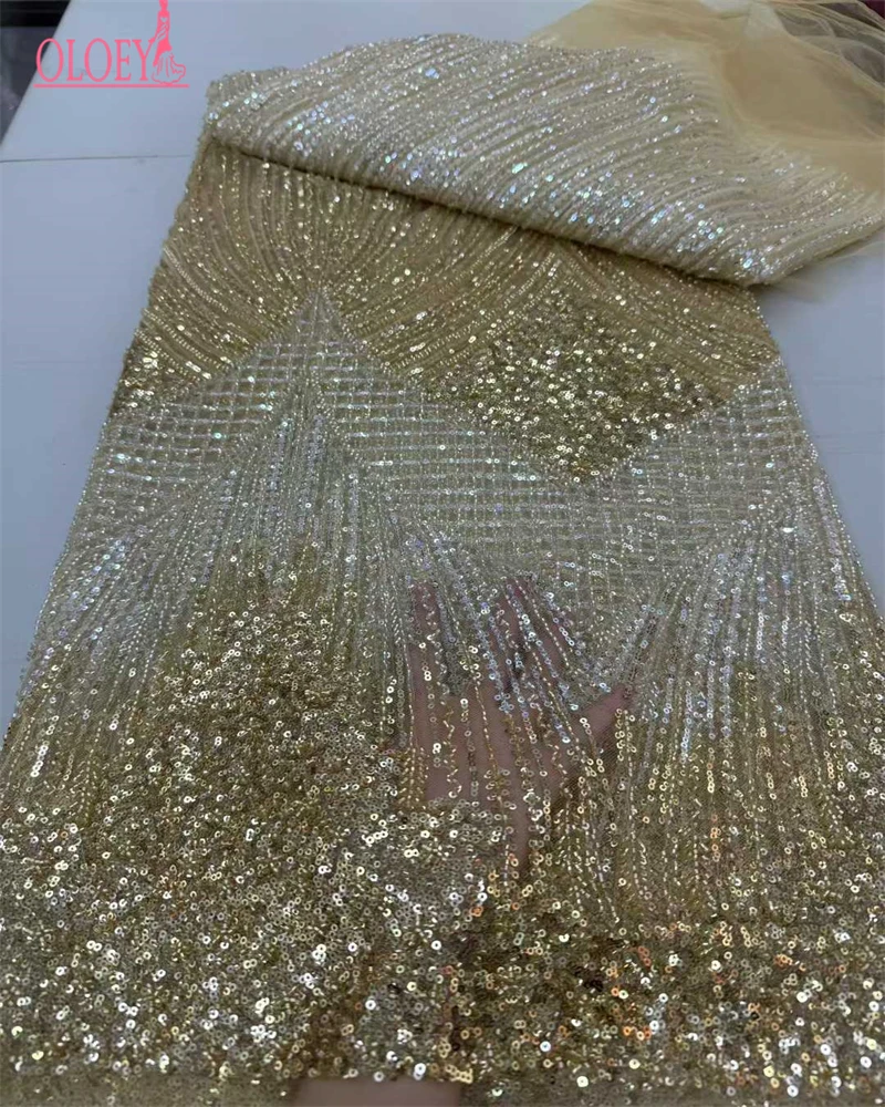 

OLOEY Luxury African Lace Fabric 2026 High Quality Sequins Beads Lace Fabrics For Nigerian Wedding French Tulle Lace Fabric