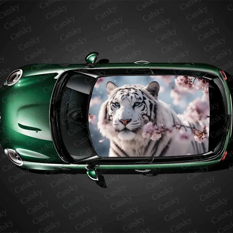 Flowers White Tiger Car Roof Sticker Wrap Racing SUV Accessories Packaging Painted PVC Custom Car Graphic Decal