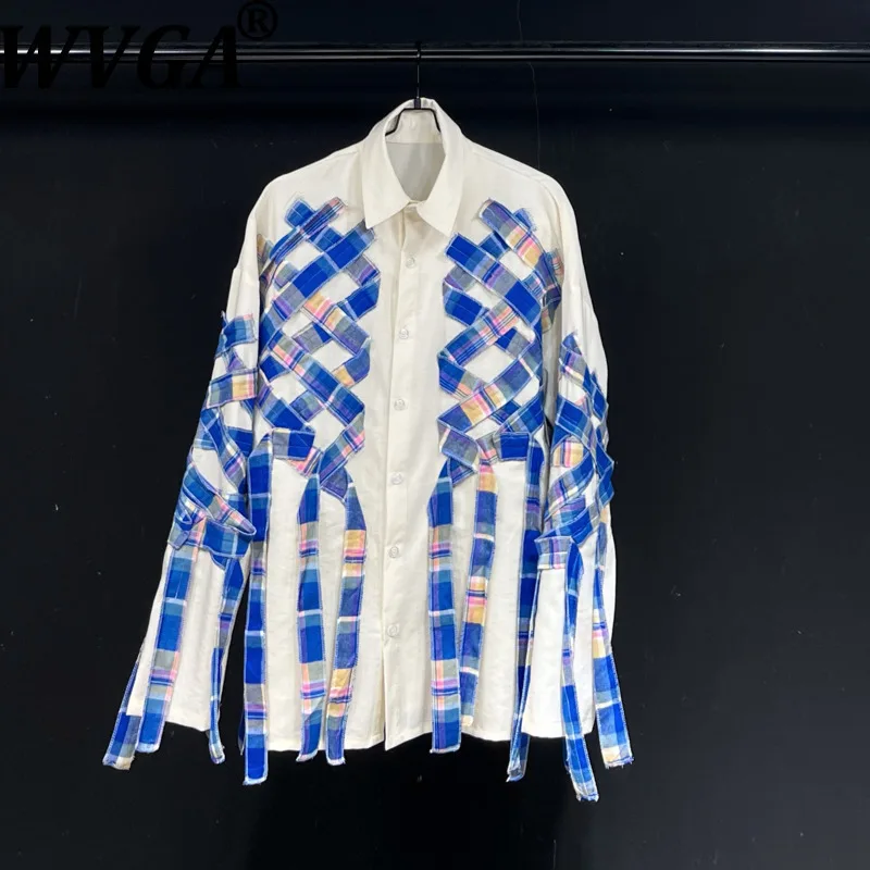 

WVGA Spring Autumn New Man High Street Plaid Patchwork Trendy Long Sleeved Shirts Niche Chic Casual Turn-Down Collar Tops W12724