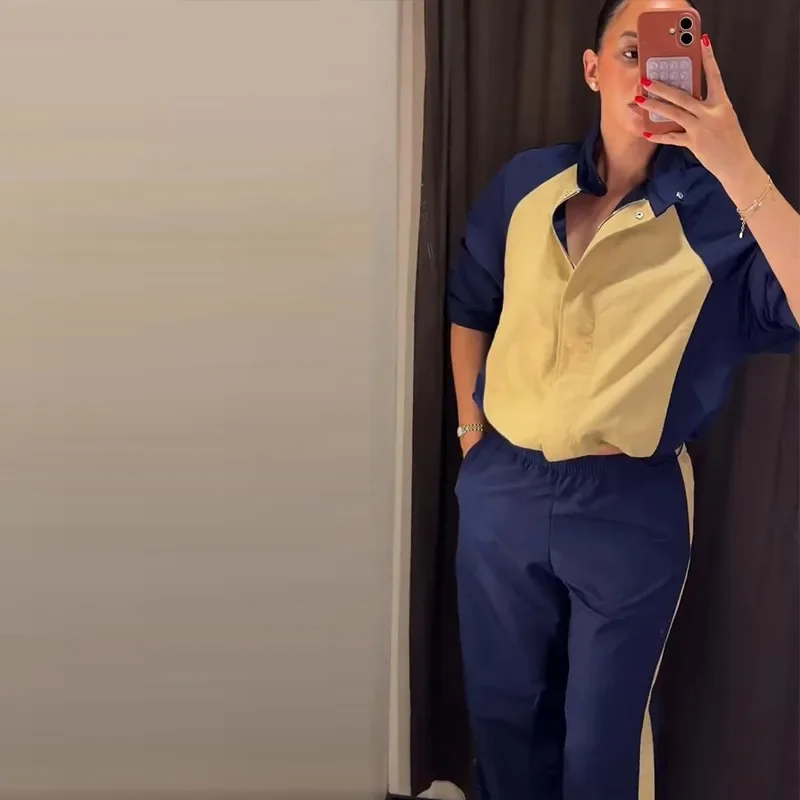 Kontrastierter Sportanzug für Damen, Freizeitanzug mit Stehkragen, Reißverschluss, Kordelzug, Mantel und weit geschnittener Hose, Herbst-Outfit 2026 für Frauen – Detail 12