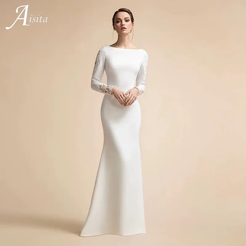 

Customized Simple Mermaid Button Wedding Dresses Long Sleeves Ivory Bridal Gowns Satin Bride Long Wedding Gowns For Women 2025