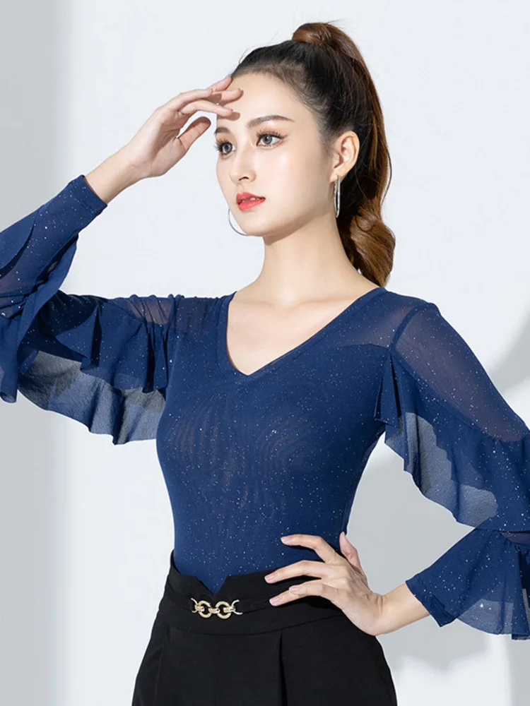 여성 라틴 댄스 탑 메쉬 프릴 긴 소매 장착 블라우스 살사 바차타 공연 의상 무대 경쟁 착용