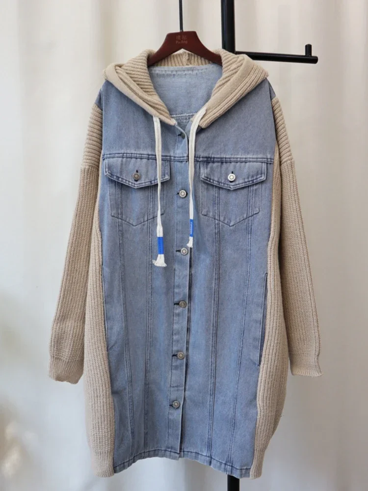 Autumn Winter New Korean-Style Hooded Long Denim Stitching Sweater Jacket Design Sense Thickened Loose Knitted Cardigan Women