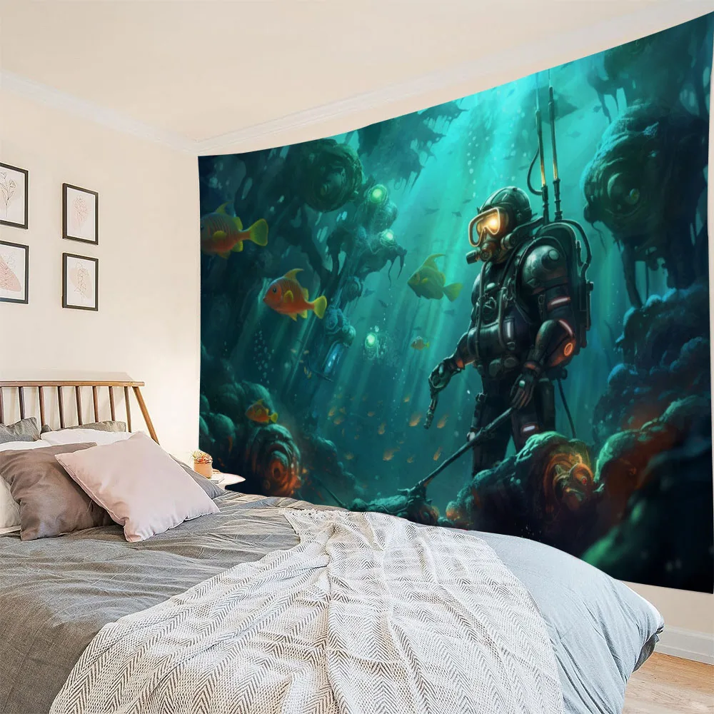 Dreamy Underwater Exploration Astronaut Galaxy Starry Sky Tapestry - Mural for Bedroom Living Room Dormitory Wall Decor
