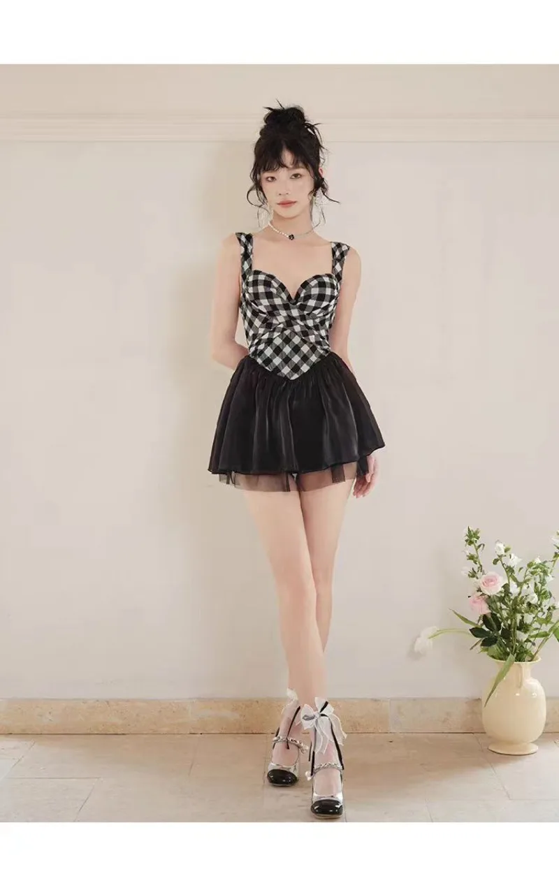 sexy Korean fashion conservative swimsuit one piece white black plaid patchwork mesh mini dress culottes bikinis padded swimwear