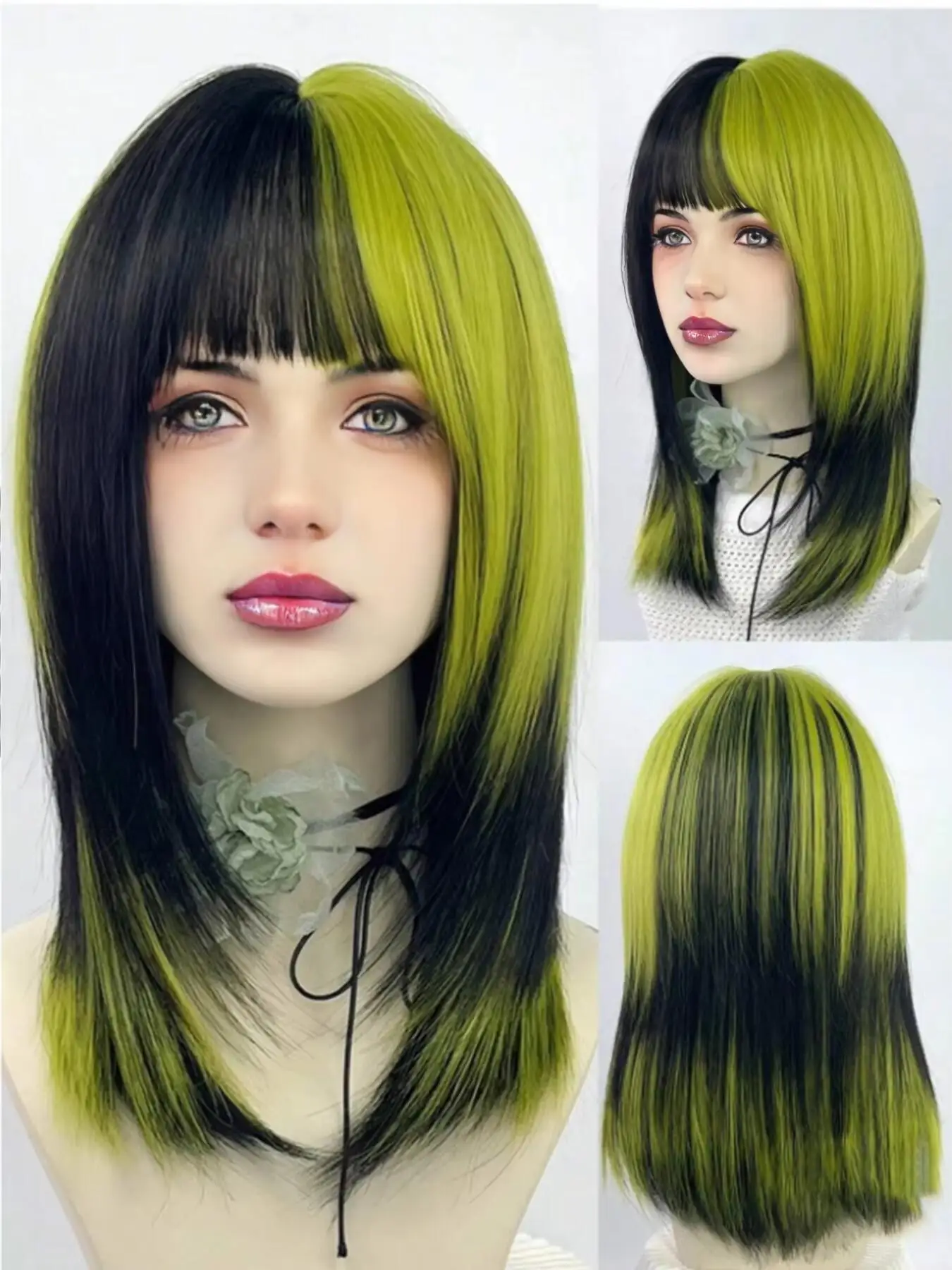 Synthetic Short Straight Green Black Layered Mix Wig With Bangs Women Fluffy Lolita Cosplay Hair Wig For Daily Party image 3