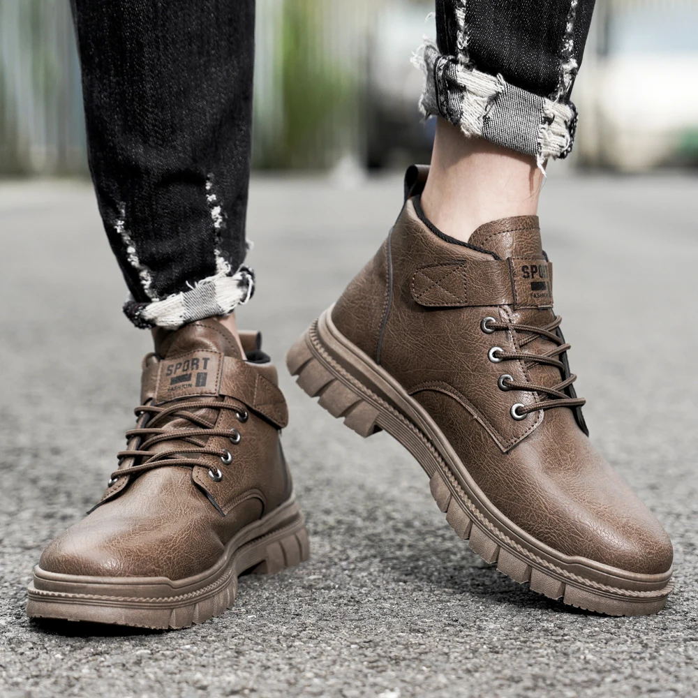 Men Motorcycle Boots Vintage Solid Outdoor Comfortable Walking Boots Casual Versatile Lace Up Shoes Ankle Flat Boots Male 39-44