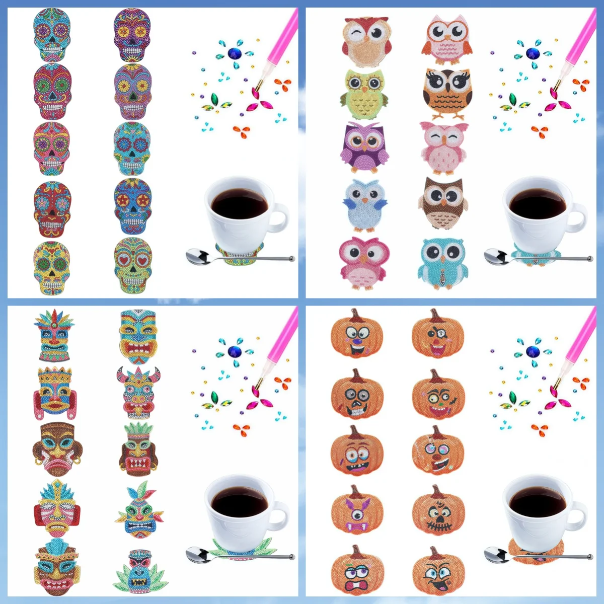 

10 DIY Irregularly shaped diamond art set wooden anti-slip coasters, Halloween style pattern diamond art coasters