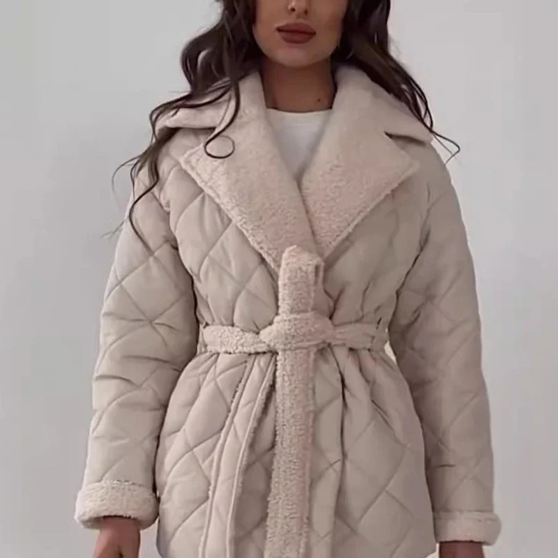 Comfortable And Casual Ladies Cotton-Padded Jacket Lapel Waist Lace-Up Coat Women's  Winter Warm Fashion Design Women's Clothing