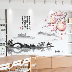 Chinese TV Background Wall Decoration Self-adhesive Wallpaper Landscape Lantern Decorative Painting Wall Stickers Ink Painting