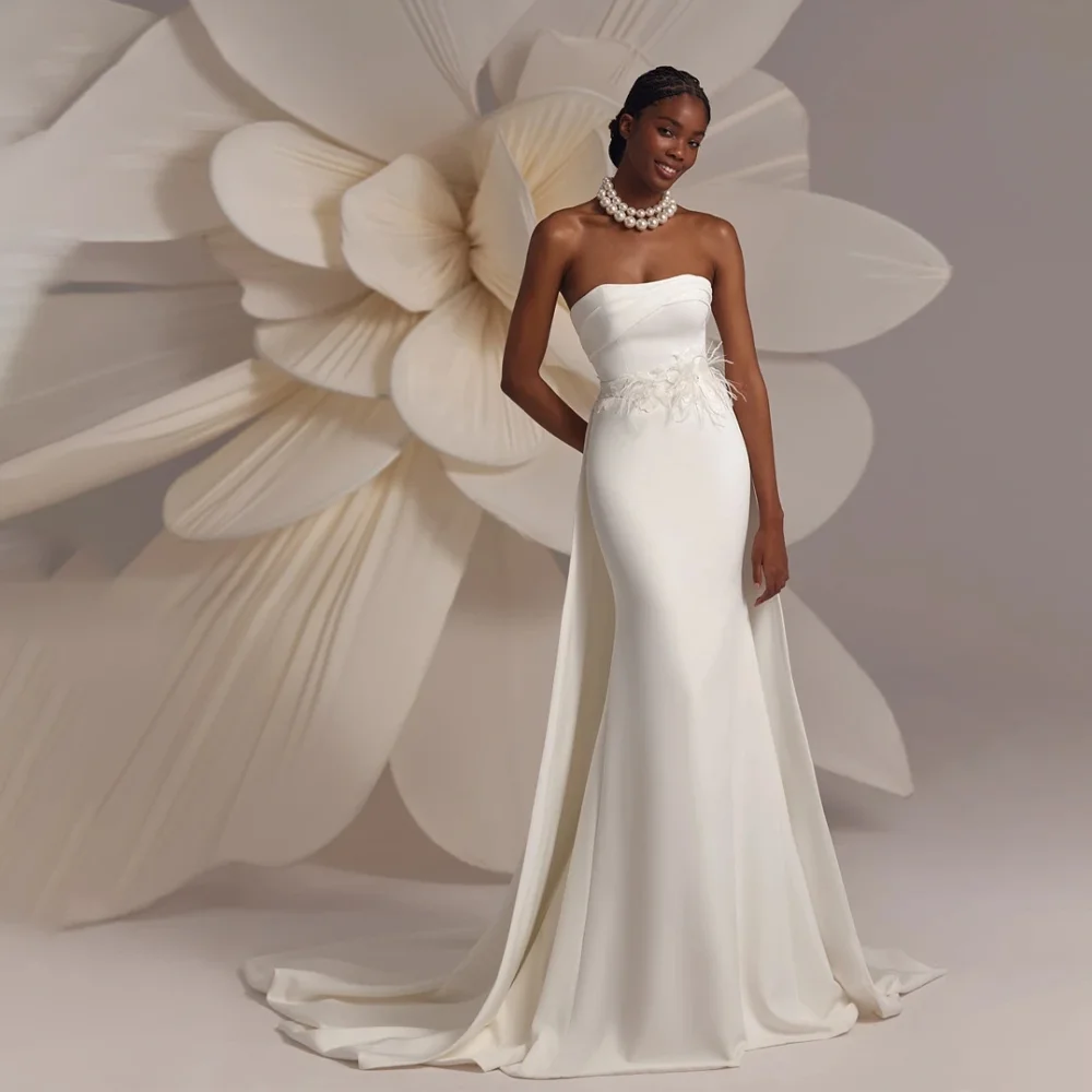 

MANRUIXIN Elegant Wedding Dresses for Bride Satin Feather Detachable Train Mermaid Wedding Gown for Women Trumpet Bridal Gowns
