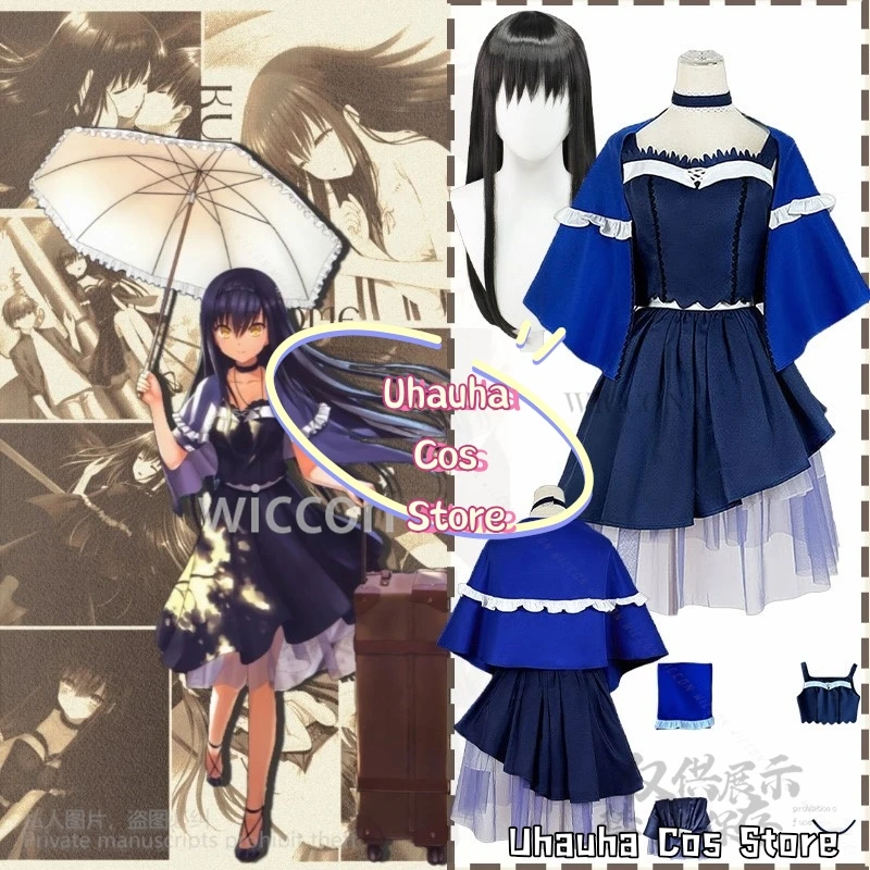 Juego de Anime verano bolsillos Cosplay Kushima Kamome disfraz vestido azul oscuro malla de moda pelucas Lolita Chocker Jirai Kei personalizado