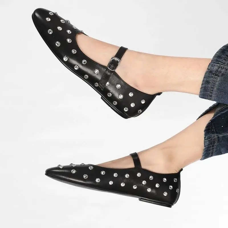 Sexy Rivet Rhinestones Ballet Flats Woman Round Toe Buckle Strap Mary Jane Shoes Low Heels Party Wedding Casual Flat Sandals