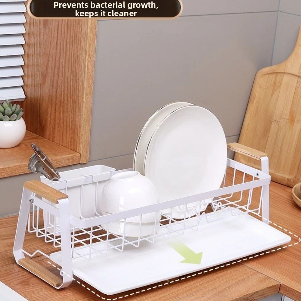 

Detachable Kitchen Dish Rack Large Capacity Metal Frame Dish Drying Drain Rack Wooden Handle Dish Drainer Kitchen Organizer