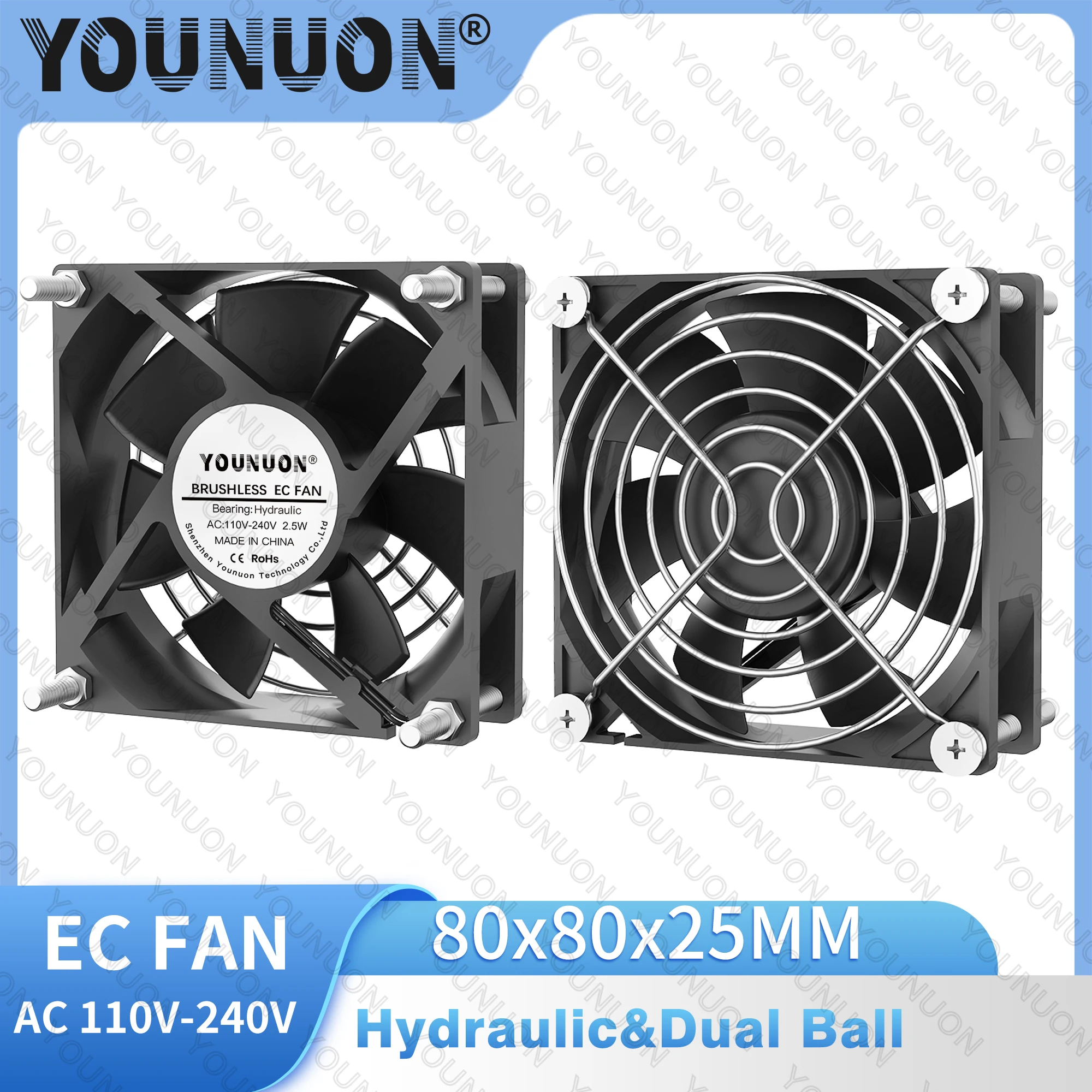 YOUNUON  80X80X25MM AC110V-240V Desktop 2 Wires FAN Hydraul Dual Ball FAN Axial for Server Rack Industrial Case Cooling