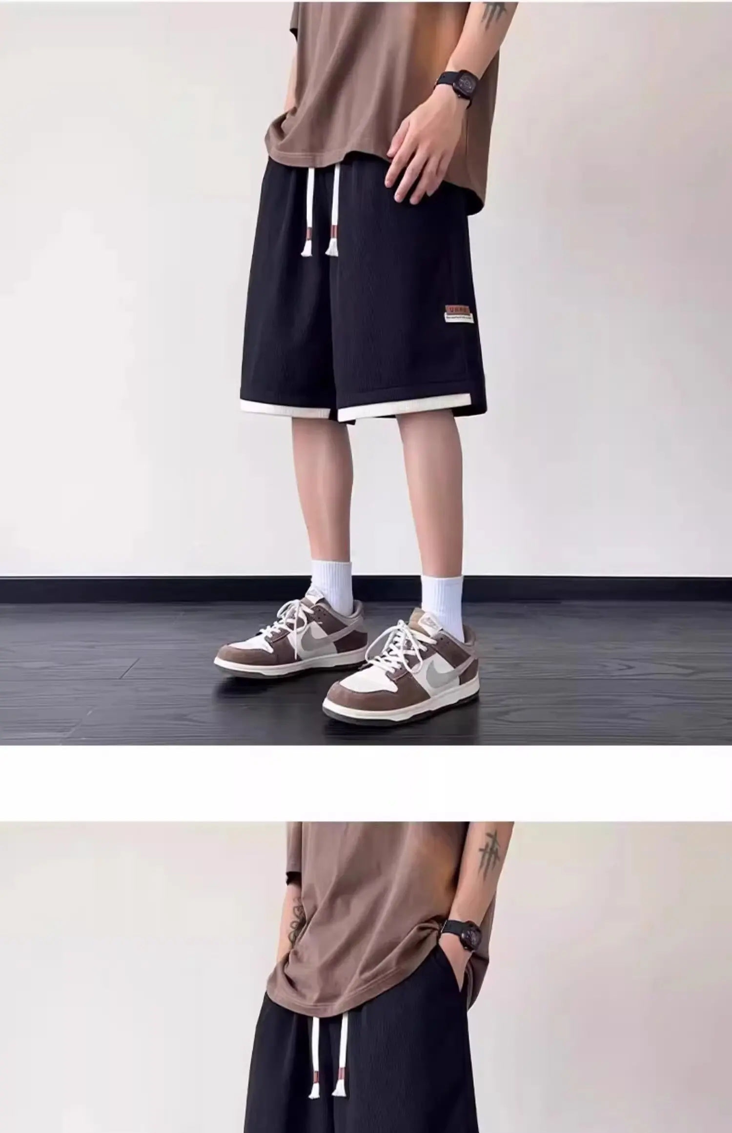 

Fake two piece drawstring shorts for men's summer new style, loose and casual five inch shorts, versatile sports pants for weari