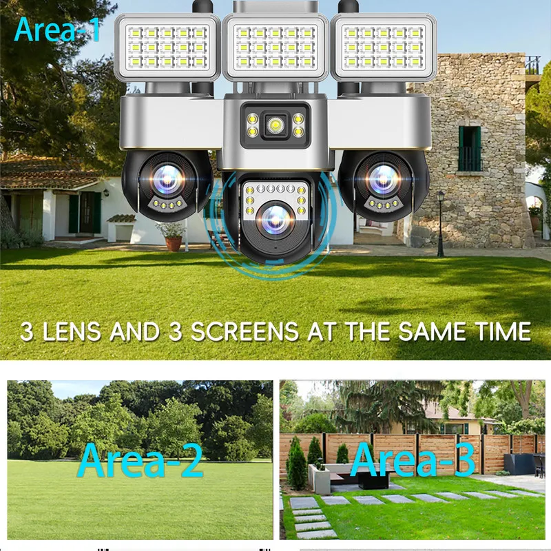 Outdoor 4G WiFi PTZ IP Camera 6MP Three Lens Three Screen Surveillance Cam with Motion Detection And Two-Way Talk IP66 Waterproo