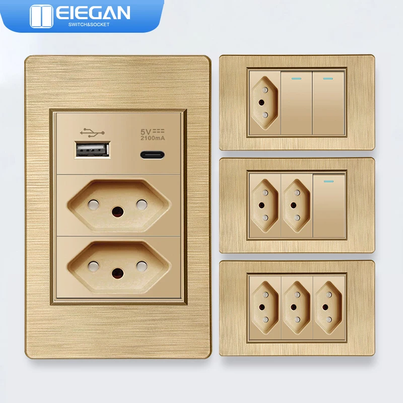 ELEGAN Gold Fireproof PC Brushed Brazil Standard Socket Double USB Type C Wall Power Outlet Light On 10A/20A Socket