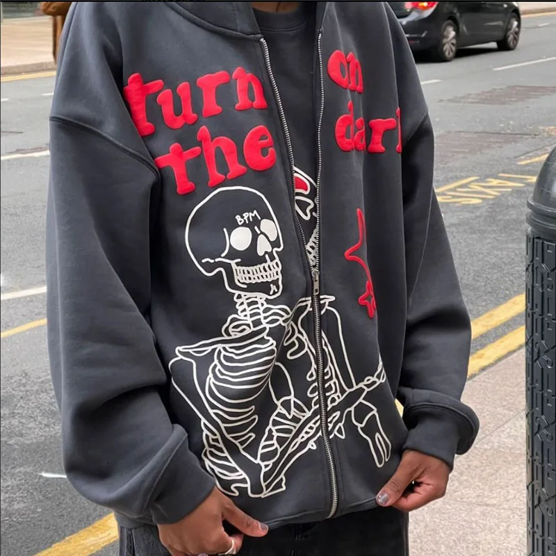 Letter Print Fashion Anime Hoodie 2022 New Skull Sweater Long Sleeve Zip Sweatshirt Streetwear Y2k Oversized Top Men Clothing