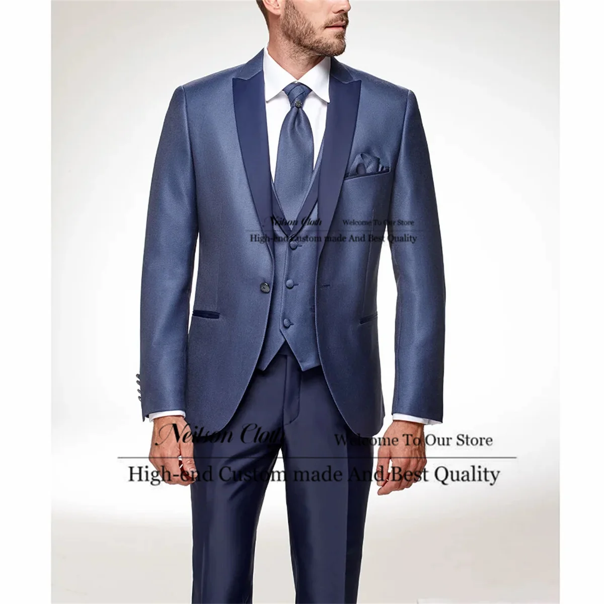 

New Notched Lapel Male Prom Blazers Blue One Button Groom Wedding Tuxedos 3 Pcs Sets Men Suits Slim Fit Business Terno Masculino