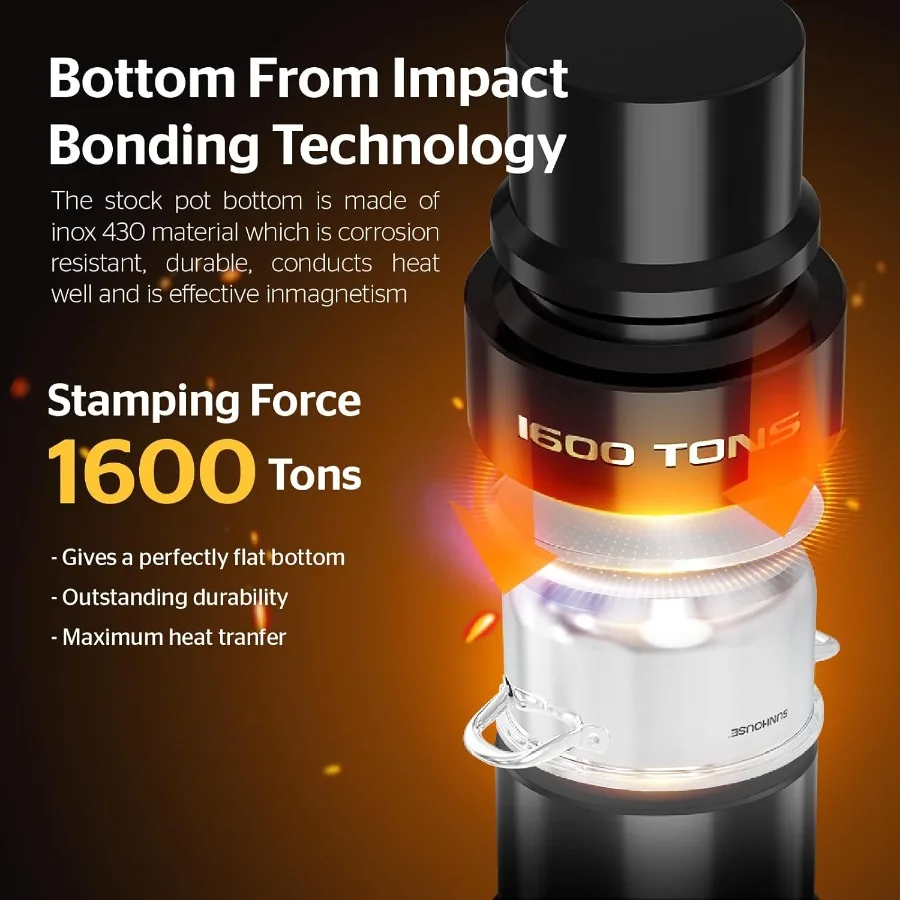 وعاء مخزون سعة 8 لتر مع غطاء لتعليب المعكرونة والوجبات الكبيرة ذات الحجم الكبير وبناء من الفولاذ المقاوم للصدأ بقاعدة 3 طبقات لسهولة ذلك