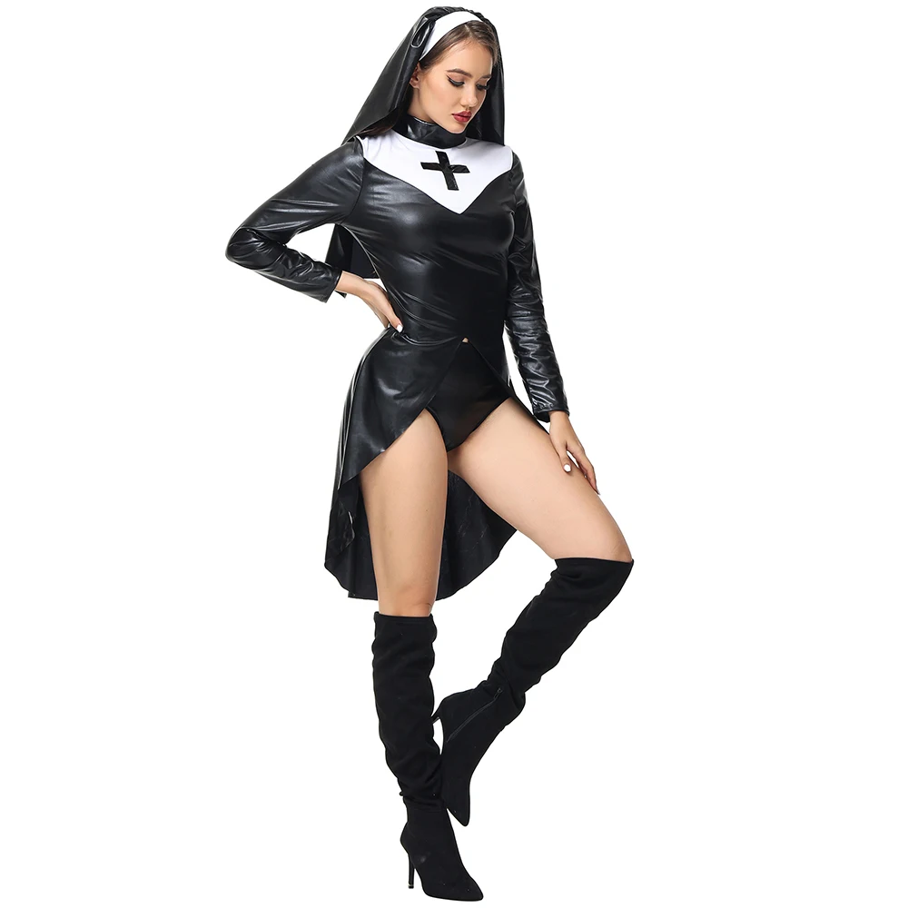 Halloween nero PU ecopelle Sexy Nun Costume Ladies Cross Nun Church religioso frate Cosplay Fancy Party Dress