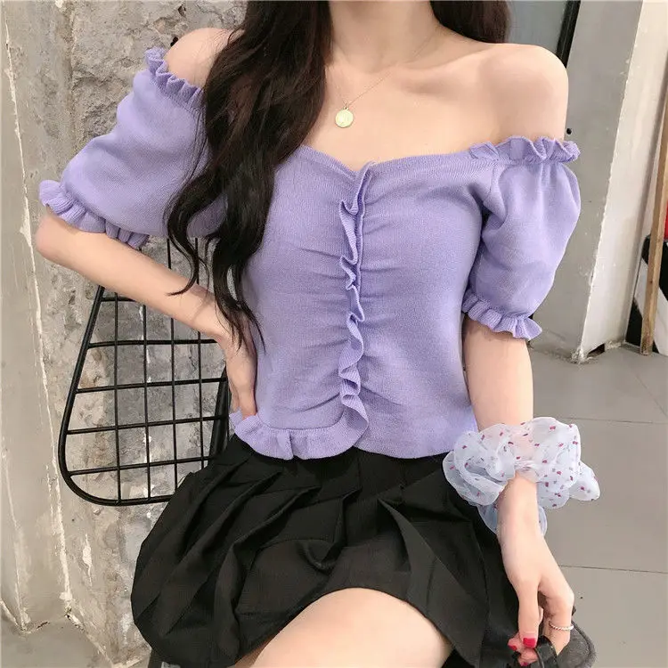 Summer New Short Slim T Shirts Short Sleeve Pleated All-match Solid Color Sexy Tops Tees Sweet Fashion Trend Women Clothing