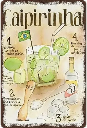 Letrero Metálico de Receta de Cóctel Caipirinha Cachaça Brasil, Fondo Claro, Placa de Metal, Póster Metálico, Placas Decorativas
