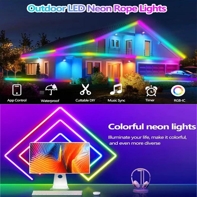 DC5V RGBIC Neon LED Strip Lights Neon Rope Light with Music Sync DIY RGBIC Dreamcolor Chasing Strip Tape for Home Decor Lighting