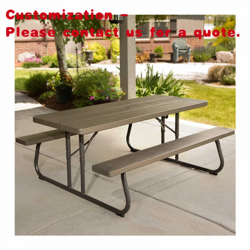 

custom.AJUNION Portable Outdoor Furnitures Rectangular Picnic Table Plastic 6ft Folding Table and Chair with Hole