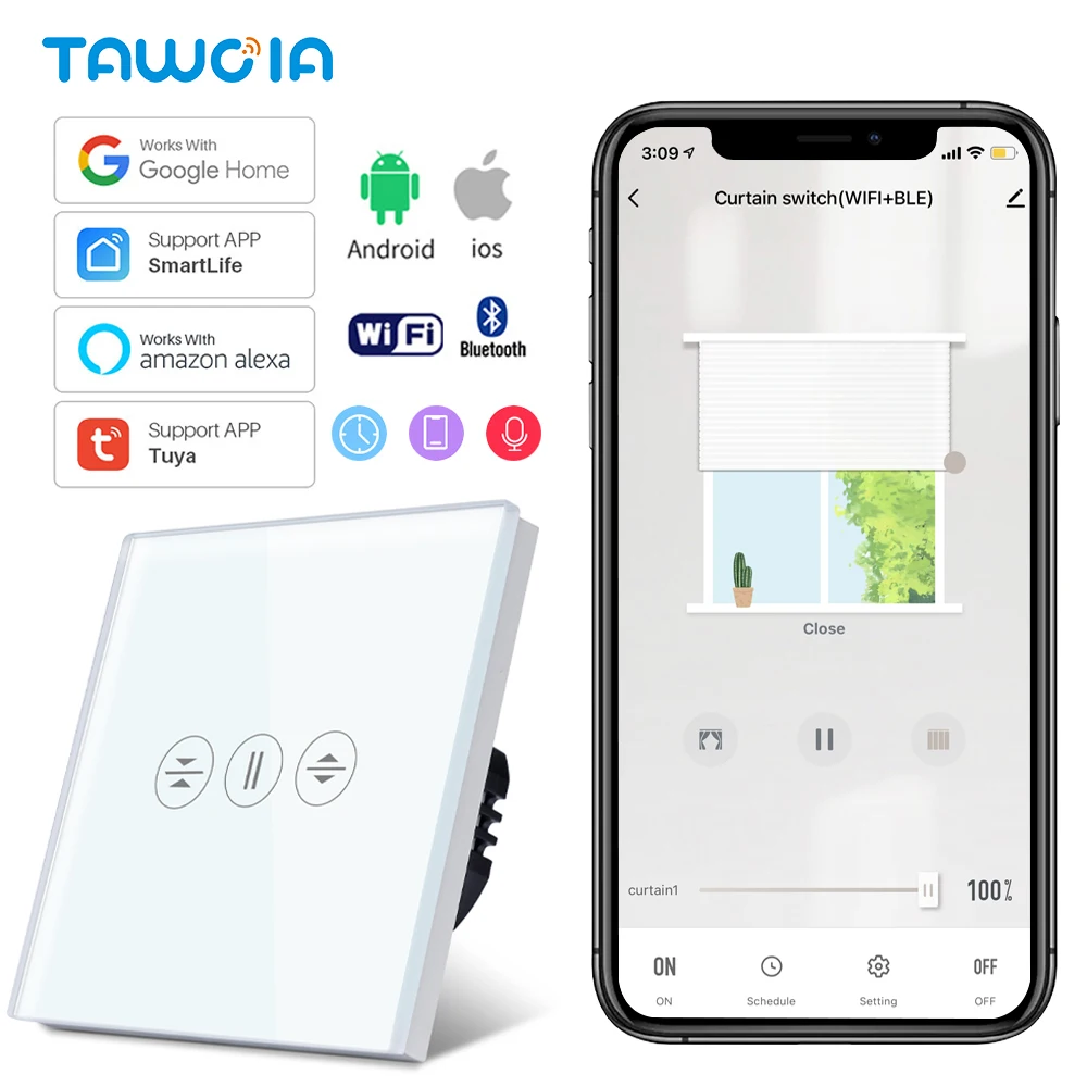 Tawoia Wifi Curtain Touch Switch EU Standard Smart Motorized Roller Blinds Shutter Switch Work With Alexa Google Tuya Smart Life