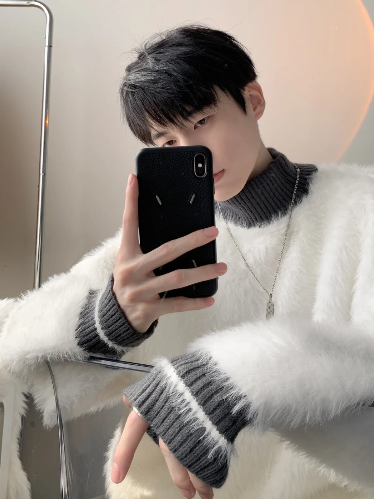 

Men's Oversize Knitted Sweater round Ne Mouton Fur Camere Spring Autumn Casual Wear Couple's Comfortable Retro Sle