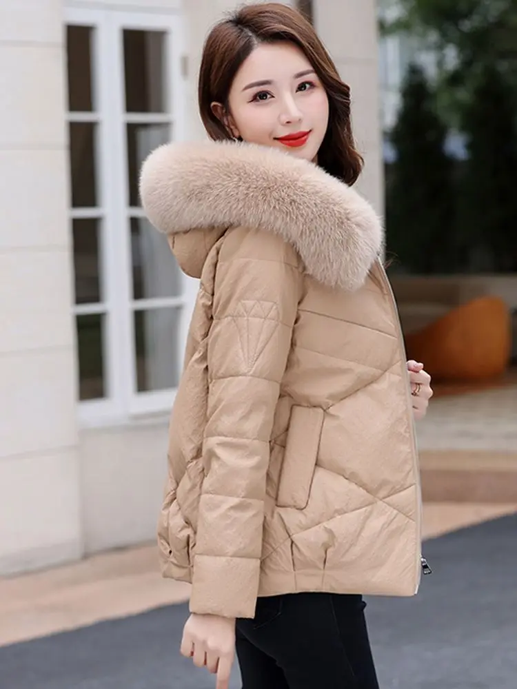 Nouveau Femmes Cuir de mouton Veste en duvet Hiver Mode Chaleur Capuche Col en fourrure de renard véritable Duvet de canard Manteau en cuir Loose Épais Manteau de dessus