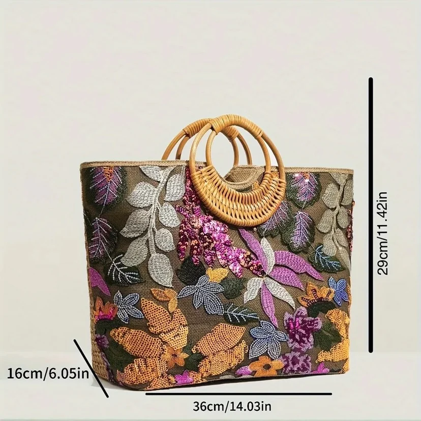 Mode Blume Pailletten Stickerei große Einkaufstasche runde Rattan Griff Frauen Handtasche lässig Sommer Strand taschen für Urlaub & Urlaub