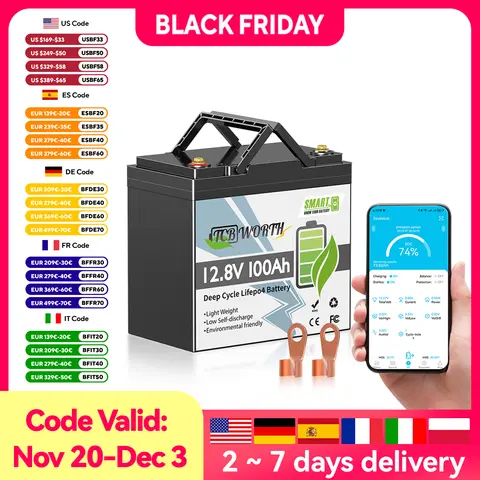 Batterie au Lithium LiFePO4 TCBWORTH 12V 100Ah avec BMS 100A, Protection basse température, plus de 7000 Cycles pour moteurs de pêche à la traîne, camping-car, système solaire