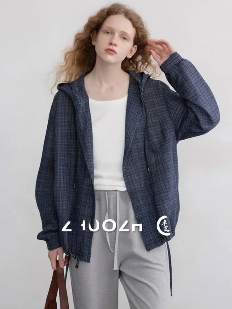 

ZhuoZhi Plaid Drawstring Hooded Shirt Casual Loose Elastic Hem Short Outerwear Women Spring 2026 French Style Long Sleeve