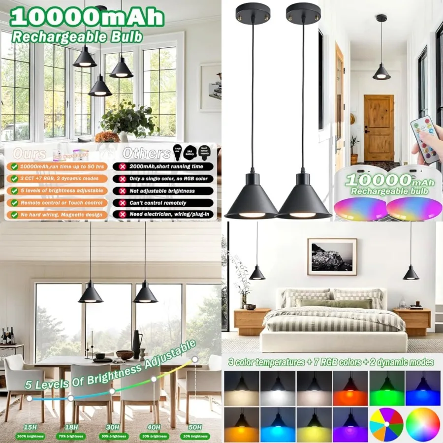 Battery Operated Pendant Light Set of 2, RGB Color Changing Rechargeable Hanging Light with Remote Up to 50 Hours Use, Vintage