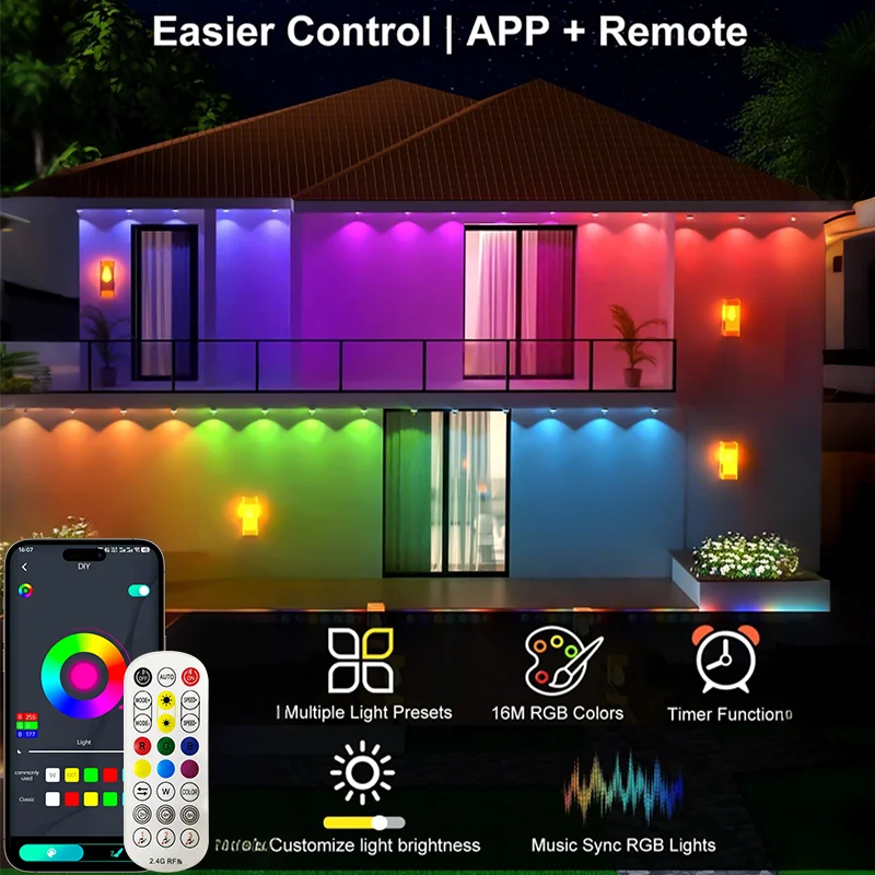 الذكية RGB-IC الطنف أضواء دائمة في الهواء الطلق سلسلة أضواء DIY LED اللون App التحكم IP67 مقاوم للماء للديكور المنزل الخارجي