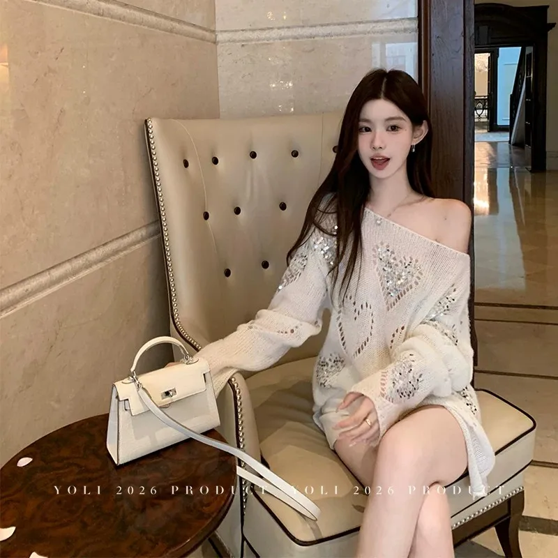 Women Beige Knit Sweater Autumn Korean Lazy Loose Fit Hollow Out Long Sleeve Casual Slim Fit Top