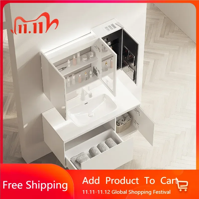

Modern White Bathroom Cabinets Ceramic Integrated Basin Simple Smart Mirror Cabinet Bathroom Vanity with Sink Bathroom Furniture