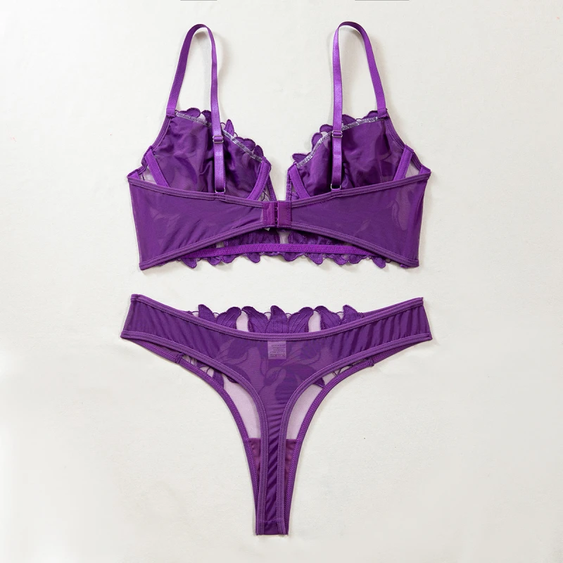 Deep bikiniVBra Set Ultra-Thin Breathable Mesh Floral Embroidery Sexy Lingerie