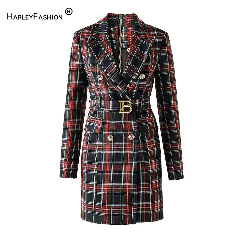 2024 Vintage Style Black Red Plaid Spring Fall Elegant Style Lady Women Slim Office Blazer Dress With Belt