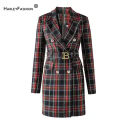 2024 stile Vintage nero rosso Plaid primavera autunno stile elegante Lady Women Slim Office Blazer Dress con cintura