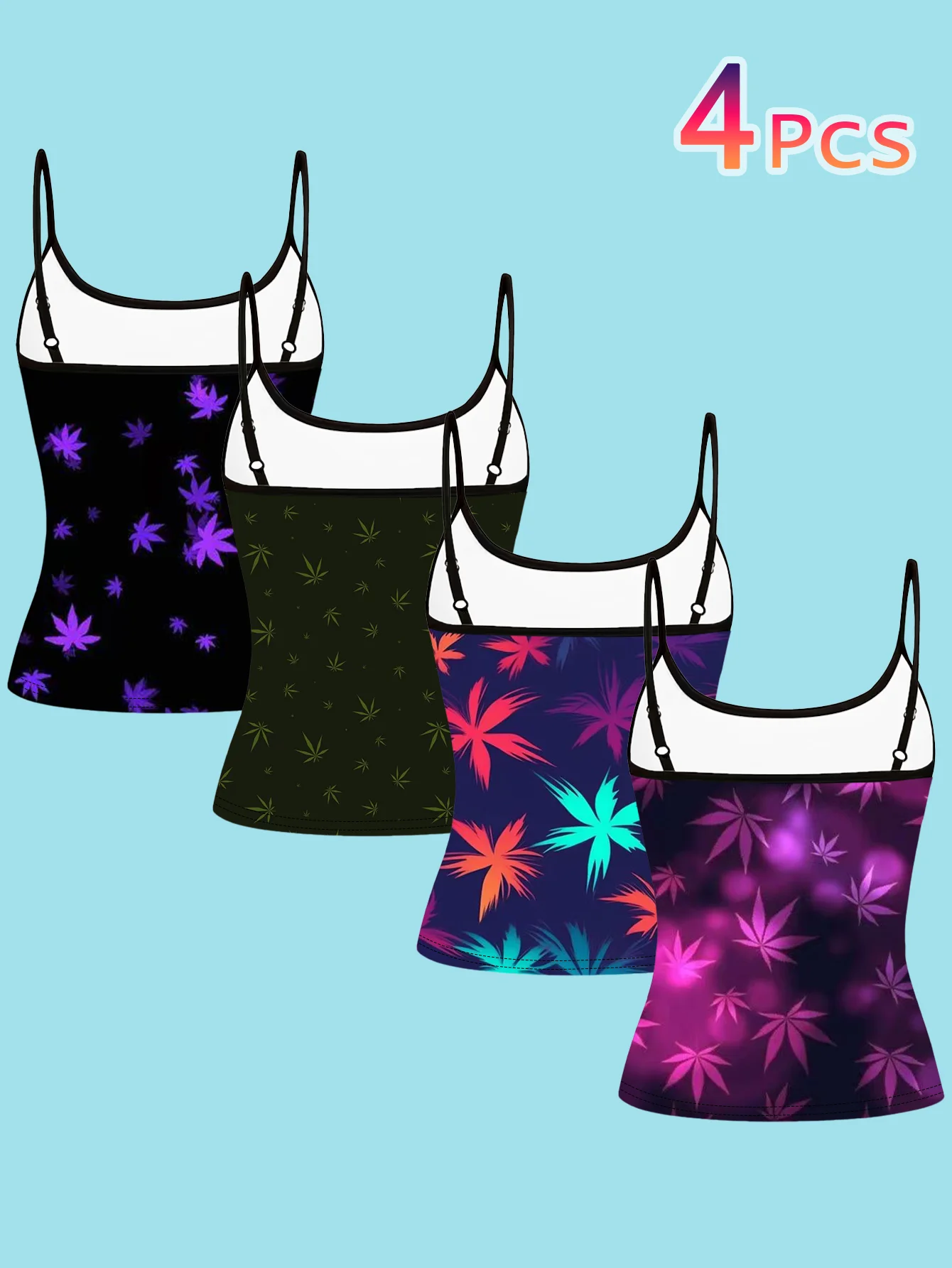 4-Piece Set of Women's Spaghetti Strap Camisole Tops with Black Base and Iridescent Maple Leaf Art Plant Print, Slim Fit Sleeveless Tops