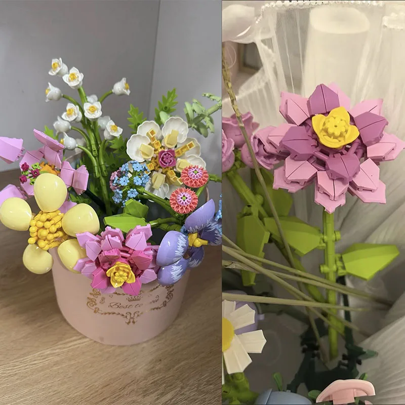DIY ロマンチックなバラの花ラベンダー水仙庭園ハウスビルディングブロッククラシックモデルミニレンガ飾り子供のギフト