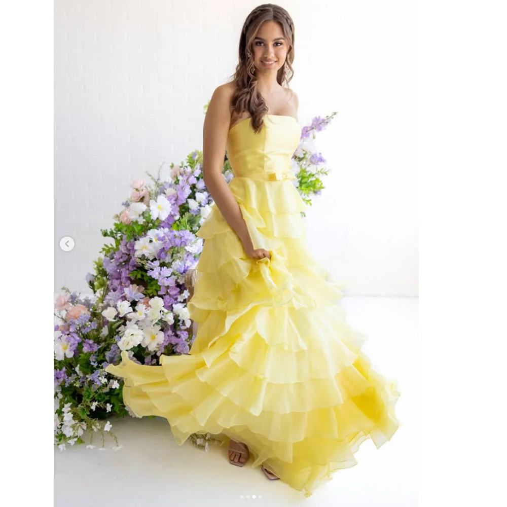 

Customized Yellow Princess Strapless Tiered Ruffle Prom Dress Ruffle Chiffon Evening Gowns with Bow Formal Party Dresses